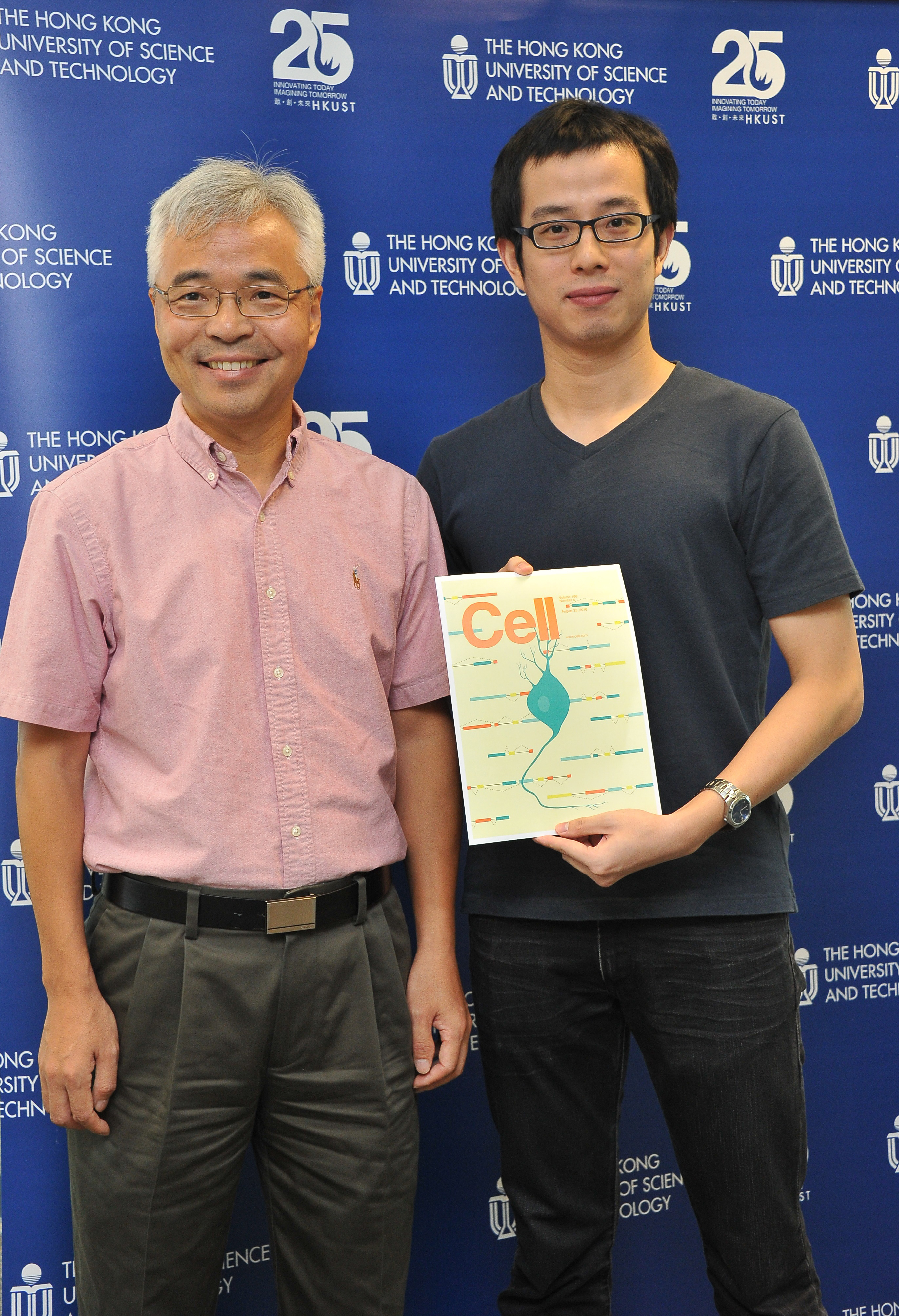  Prof Mingjie Zhang and his PhD student Mr Menglong Zeng with their research paper published in the top scientific journal Cell on August 25, 2016