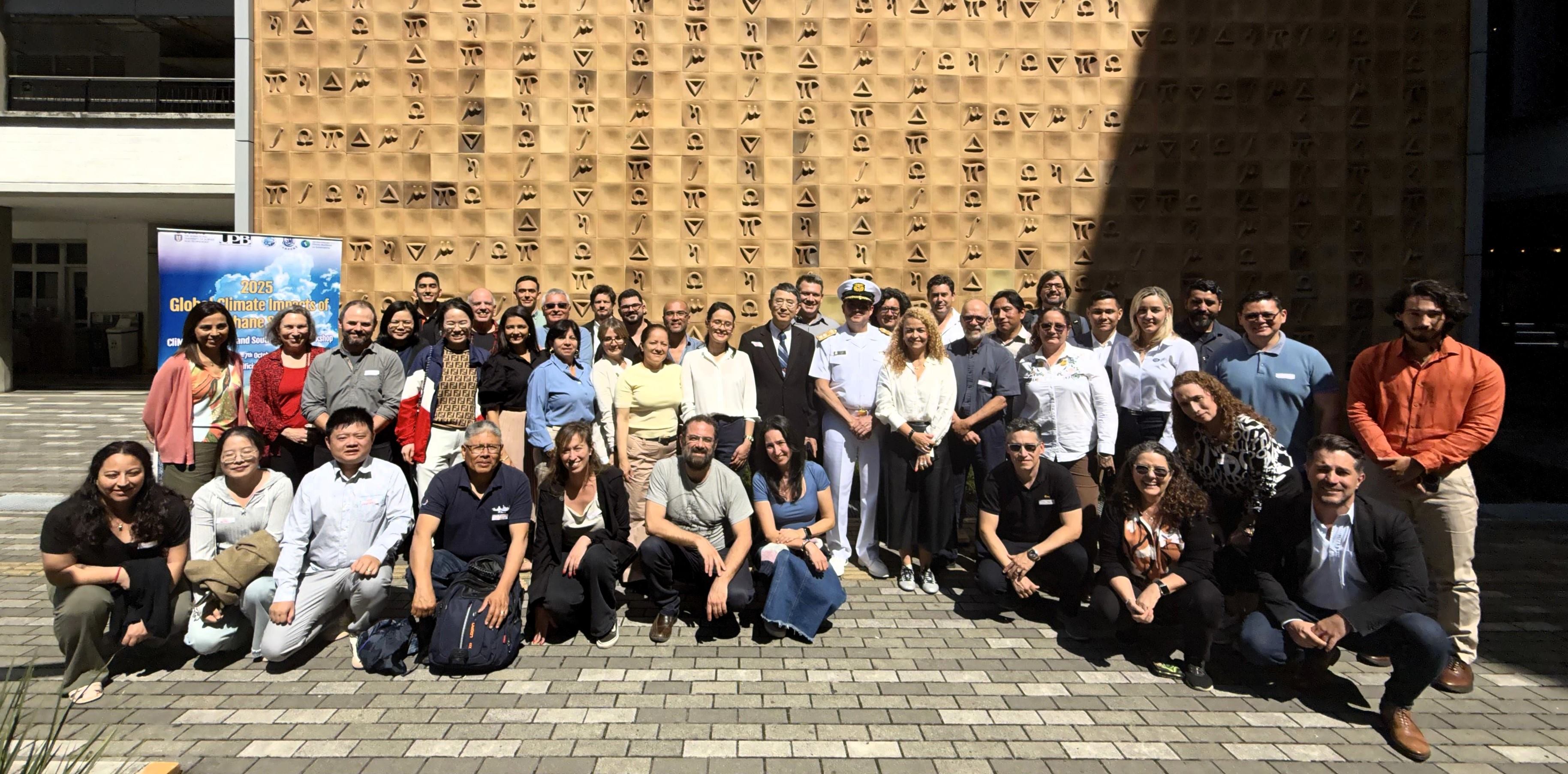 A group photo of Prof. QIAN Peiyuan (middle, in black suit), Chair Professor of the Department of Ocean Science at HKUST and the participants of the CliMetS-Central and South America Workshop, including Rear Admiral Hermann Aicardo LEÓN RINCÓN (second row, seventh right), Director of Maritime and River Interests of the Colombian Navy, and Prof. Paula Andrea ZAPATA RAMÍREZ (second row, sixth right from Universidad Pontificia Bolivariana, co-organizer of the workshop.