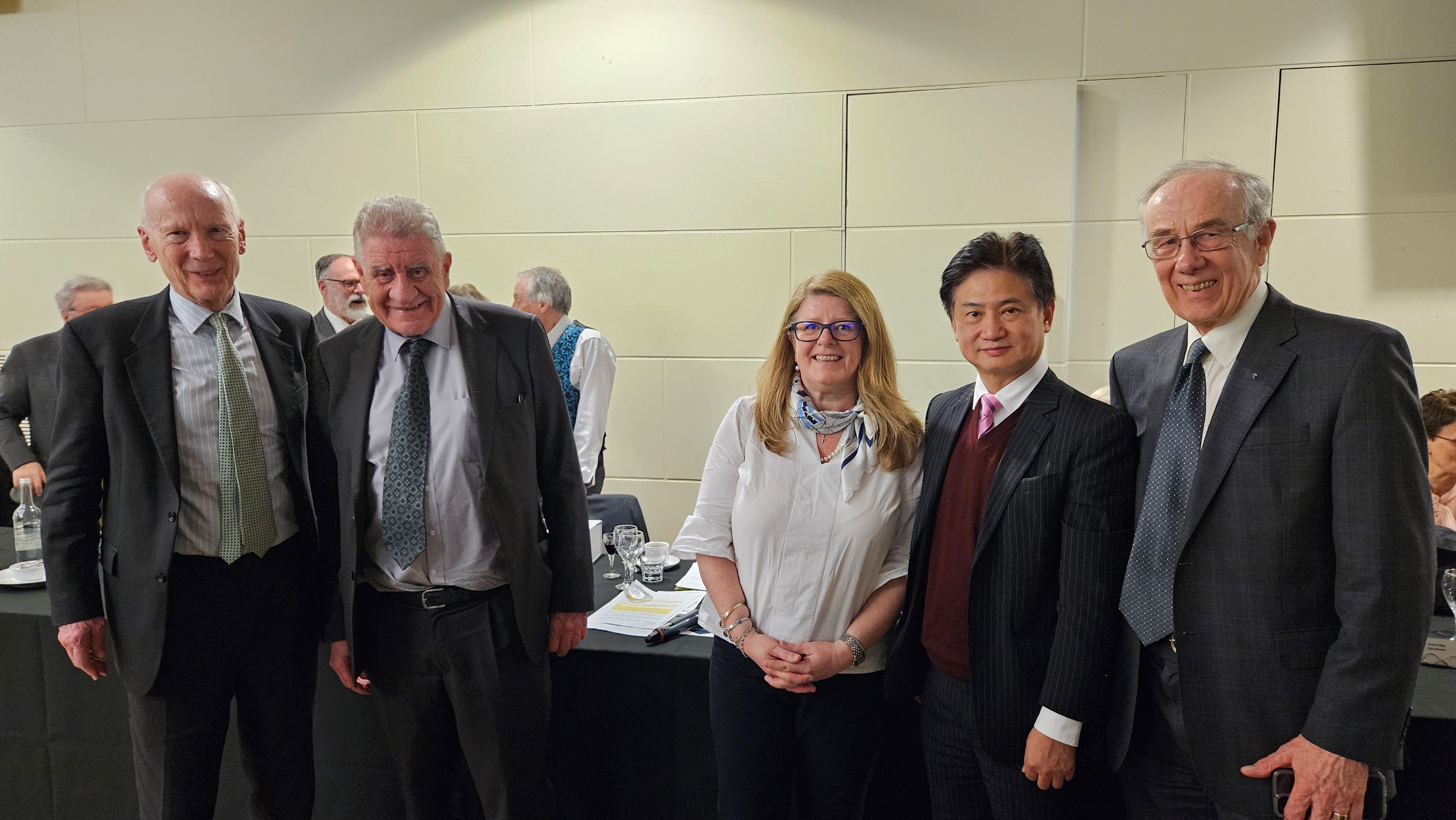 A group photo of Prof. Charles Ng (second right) with BGA Chair Ir. Chaido Doulala‑Rigby (third right) and previous Rankine Lecturers, including Dr. Brian SIMPSON, 32nd Rankine Lecturer (first right); Prof. Lord Robert MAIR, 46th Rankine Lecturer (first left); and Prof. Antonio GENS, 47th Rankine Lecturer (second left).